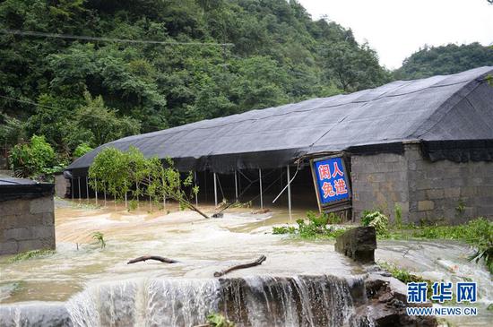 7月6日,在澧县甘溪滩镇,一处养殖场遭受洪水侵袭。 近日,湖南省常德市澧县出现强降雨天气,造成部分地区农田被淹。 新华社发(陈振海 摄)