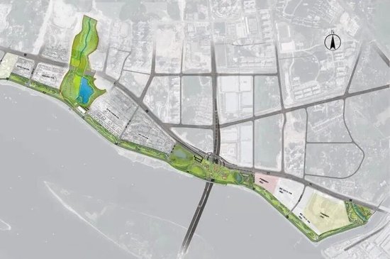 新建的城市稻田公园（图中上部绿色部分）与滨江体育公园（图中下部绿色部分）所在位置。