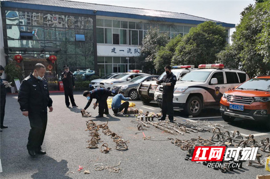 郴州森林公安北湖分局民警缴获的捕猎工具。