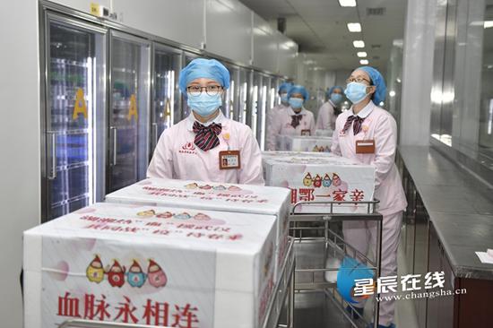 (2月28日上午,湖南省血液中心供血科工作人员将来自长沙、郴州、湘潭等地共同筹备的20万ml红细胞、40个治疗量的血小板完成出库。)