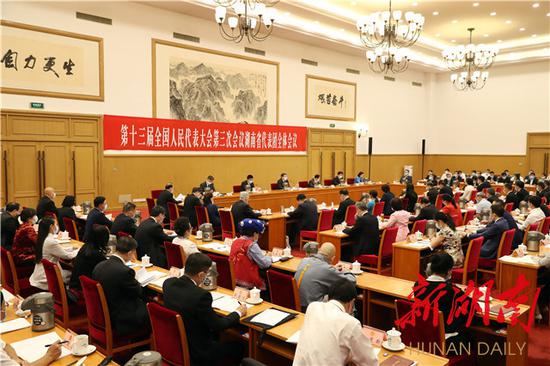 (5月21日下午,出席十三届全国人大三次会议的湖南代表团在驻地举行第一次全体会议。)