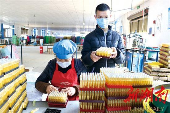 2月27日上午,浏阳市两型产业园企业湖南倬亿打火机制造有限公司生产车间内,贫困户周晓玲与其儿子正在忙着换板、装机头。该市113个就业扶贫车间(基地)正在陆续复工。