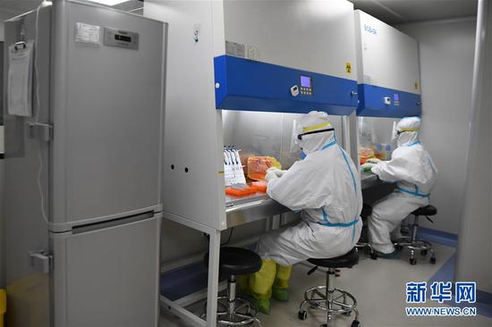 资料图:长沙卫实医学检测所的工作人员在核酸提取区对样本进行处理。 新华社记者 薛宇舸 摄