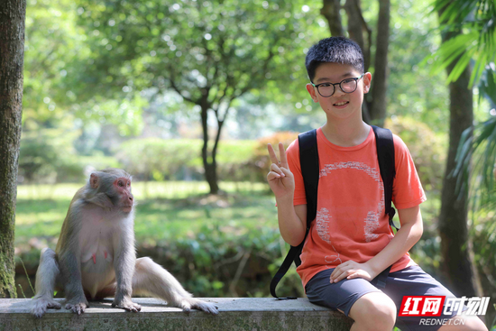 一名小朋友与猕猴留影。