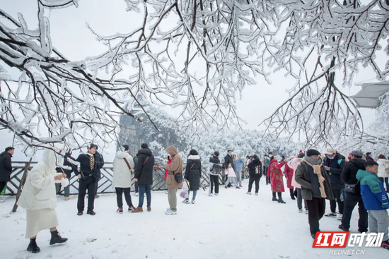 在张家界天门山,诸多游人登高纳福,穿梭在冰雪森林中,迎接春天的到来。