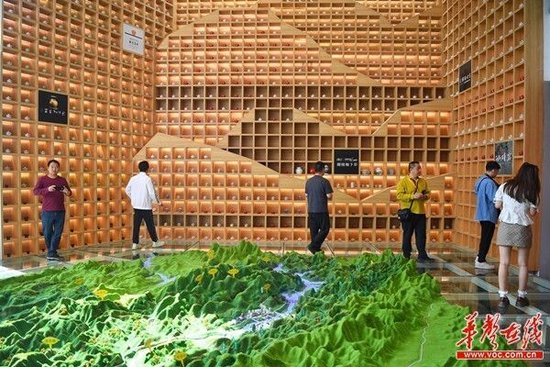 安化黑茶文化艺术馆内,各种品牌产品茶通过艺术化手法堆砌成墙,颇为壮观。