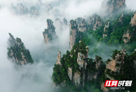 ▲雨洗青山，云绕峰峦，像一幅幅淡墨轻烟的绝美画卷。摄影/伍文 张潘