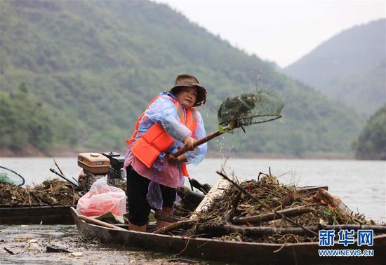 9月6日,在湖南省张家界市永定区茅岩河上,当地村民在清理漂浮物。新华社发(吴勇兵 摄)