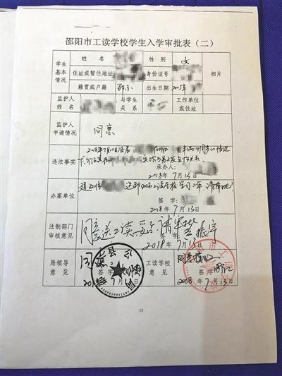 朱琦琦的入学申请表,上面记录着她的基本信息、违法事实等。