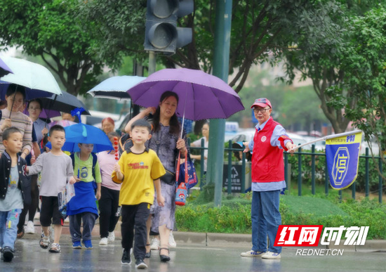 在湘龙街道湘龙路与龙塘路交会的十字路口,71岁的姚绍禹紧盯着红绿灯和路上来往的车辆,护送学生们安全过马路。