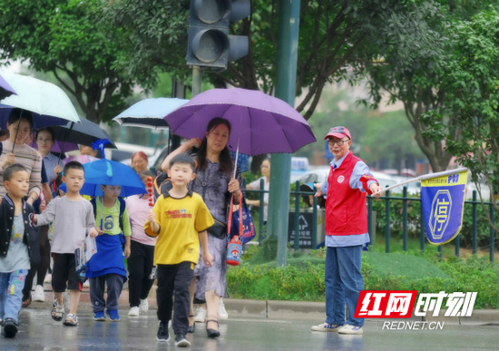 在湘龙街道湘龙路与龙塘路交会的十字路口，71岁的姚绍禹紧盯着红绿灯和路上来往的车辆，护送学生们安全过马路。