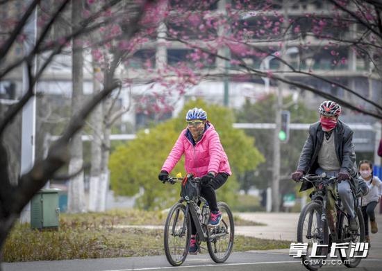 猴子石大桥附近的湘江风光带上，全副武装骑行的市民。