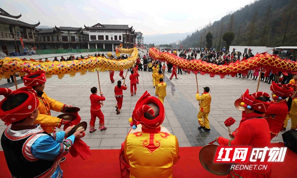 2月6日，张家界武陵源风景区迎来春节旅游高峰，当地开展打溜子、双龙戏狮等民俗活动迎客。吴勇兵 摄