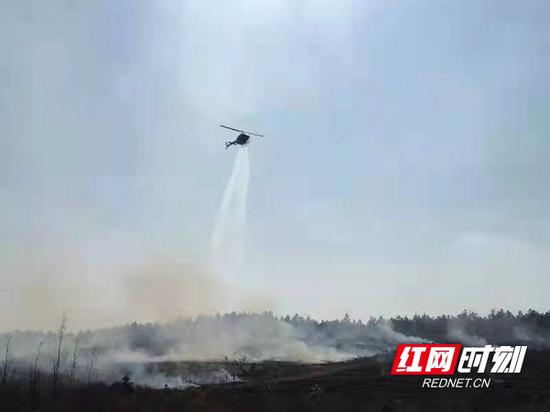 国网湖南电力24小时候命的机腹式水箱灭火直升机闻风而动，在不到二十分钟的时间内相继扑灭两处山火
