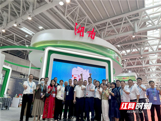 大家在湖南展区前留影。