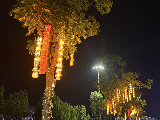 （“文化树”景观在夜色中熠熠生辉）