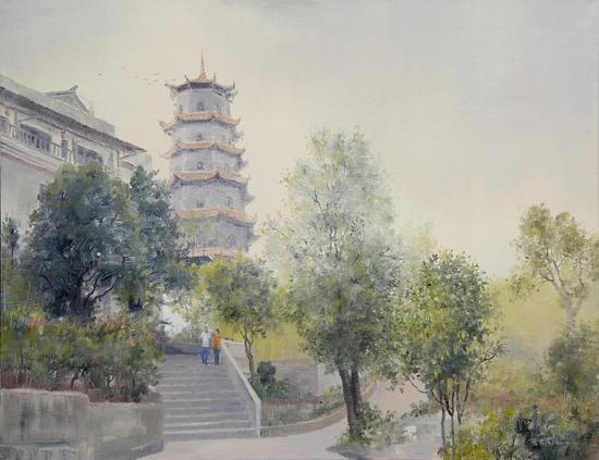 《宝塔魁昂父女情深》(尺寸:70cm×90cm)。作者 胡大虎