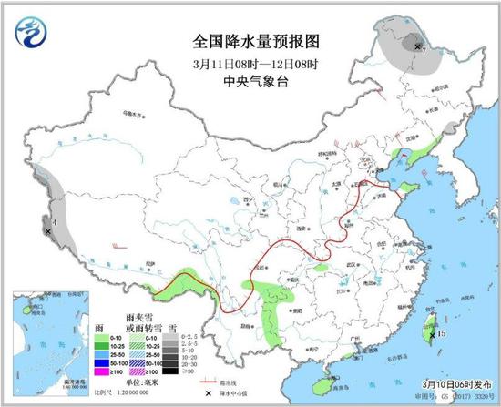 全国降水量预报图（3月11日08时-12日08时）