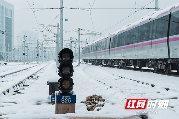 大雪覆盖下，紫色的地铁4号线列车格外显眼。