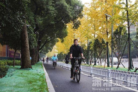 11月17日,长沙芙蓉路,市民在自行车专 用道内骑行。图/潇湘晨报记者 谢长贵