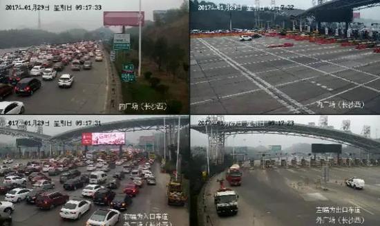 　　9时17分：长张高速长沙西收费站广场内外车流实况。