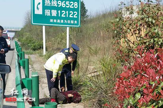 
	李奶奶走路去女儿家，走到高速护坡上时，不幸从山体上摔下来，躺在长韶娄高速19公里处的护栏外，一动不动。
