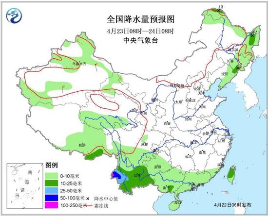 图2全国降水量预报图(23日08时-24日08时)