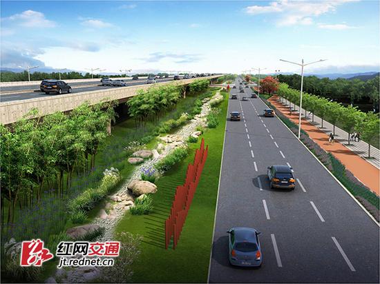 长益扩容望城段将建成“高速公路+城市辅道”公路景观。图为效果图。