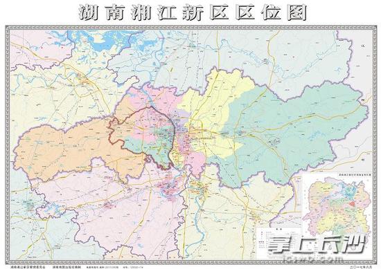 湖南湘江新区区位图展示了新区在湖南省、长沙市的区位。