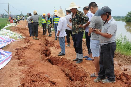 （涟水河湘潭县石潭段的古城村古城堤出现两处纵向裂缝 记者 欧阳天摄）