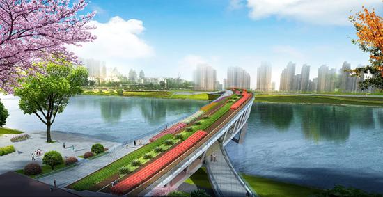 長沙市芙蓉區(qū)瀏陽河人行景觀橋(漢橋)效果圖。