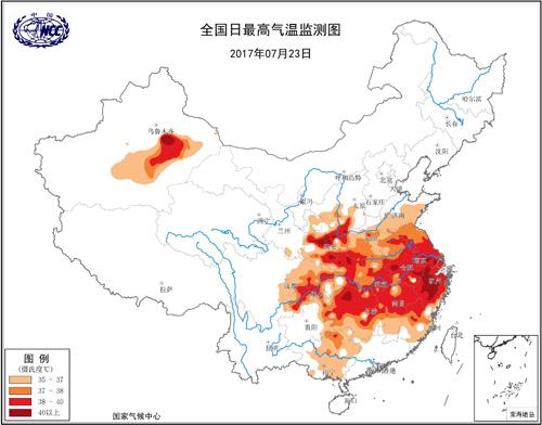 　　7月23日全国日最高气温监测图。