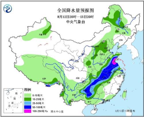 全国降水量预报图(8月12日20时-13日20时)