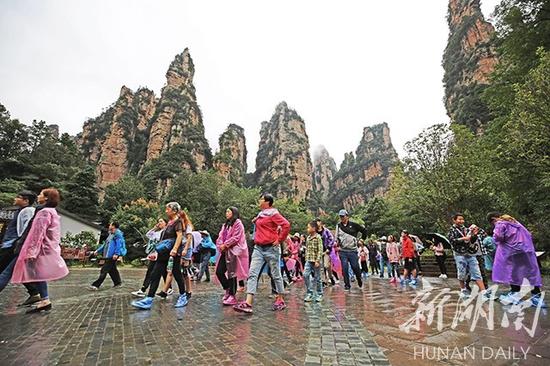 ▲10月2日秋雨“助兴”，武陵源风景区迎来假期旅游高峰，国内外游客慕名而来，享受双节旅行之乐。 吴勇兵 摄