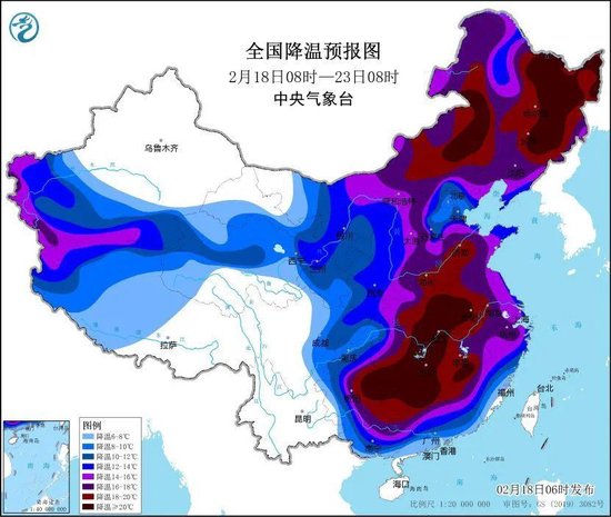 全国降温预报图(2月18日8时-23日8时)