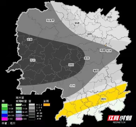 湖南降雨量预报（25日20时至26日20时）。