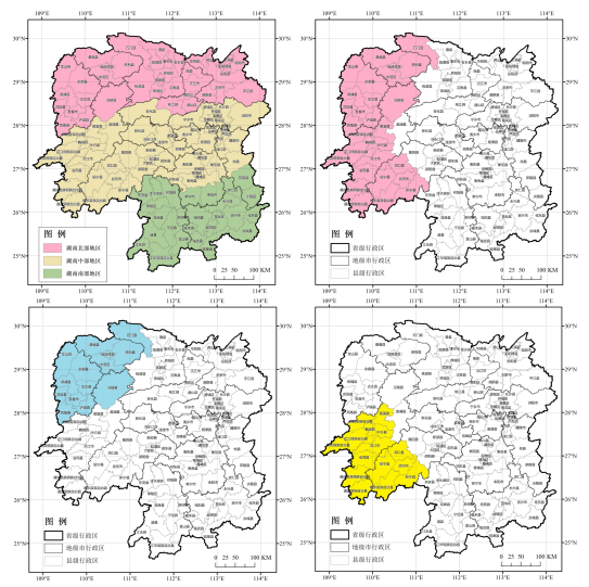 湖南省气象地理区划图(左上:湘北、湘中、湘南;右上:湘西;左下:湘西北;右下:湘西南)