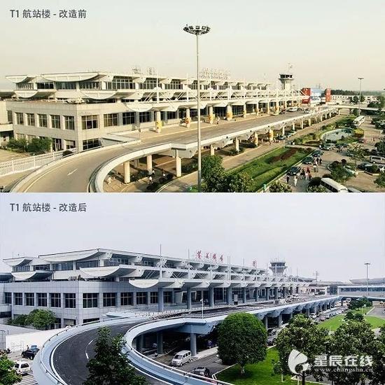 (T1航站楼改造前后对比图)