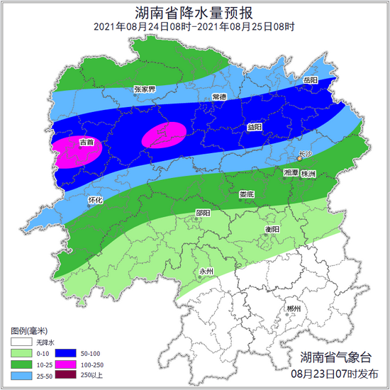 湖南省气象台发布的降水预报图。