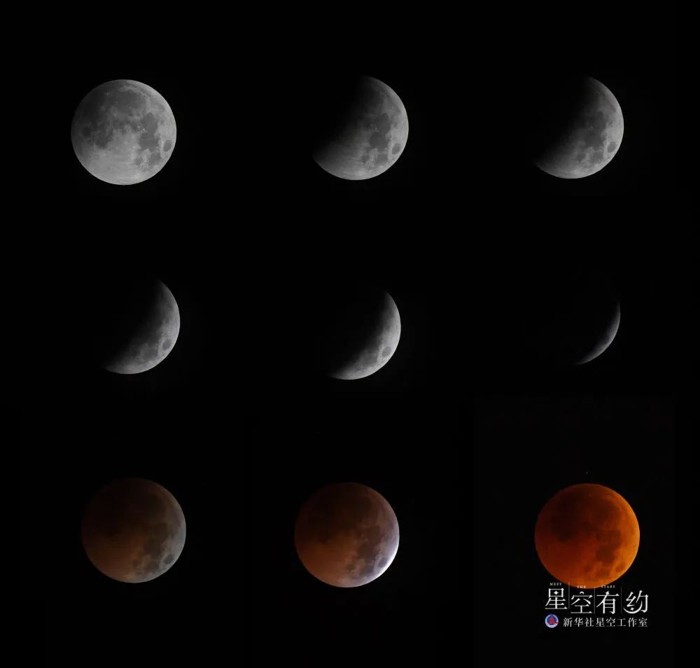 这是2018年7月28日在贵州省仁怀市拍摄的月全食过程（拼版照片）。新华社发（陈勇 摄）