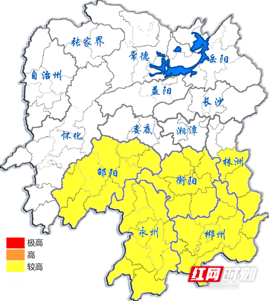 永州、郴州、衡阳、邵阳及株洲南部森林火险气象等级较高，须加强防范。