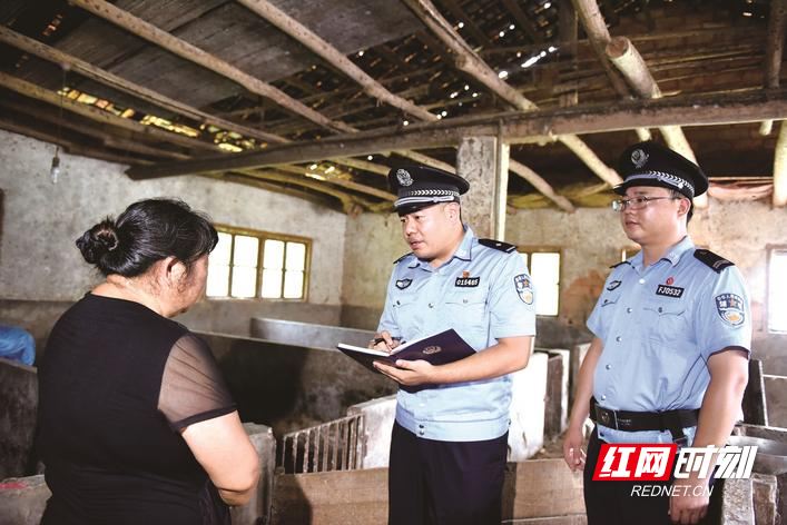 长沙县开慧镇派出所副所长刘献泽(中)带队来到受害人金某家询问被骗过程,展开案件侦查。盛磊 摄