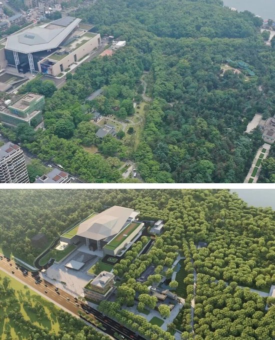  “馆园融合”改造前的航拍图及改造后的效果图