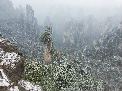 12月26日,伴随着冷空气的来袭,张家界市武陵源区天子山景区再次降下冬雪。通讯员张洪涛钟青浓摄