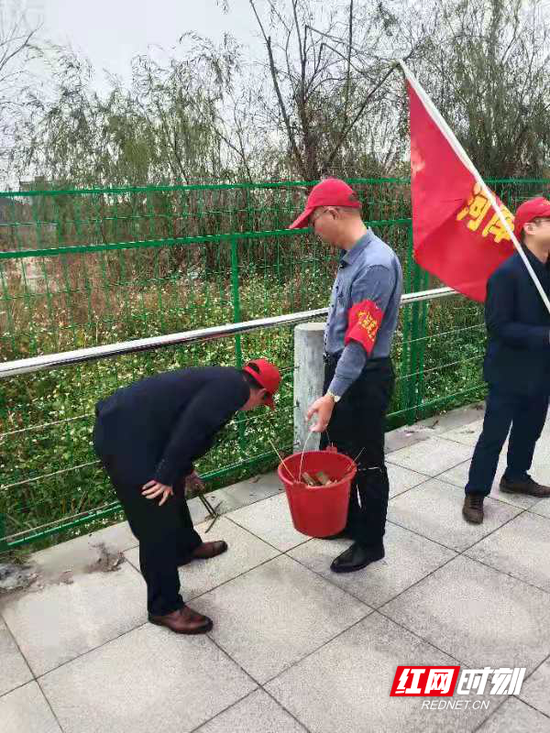 活动过程中,党员志愿者在永乐江国家湿地公园、稻田公园周边开展环境卫生清理整治。
