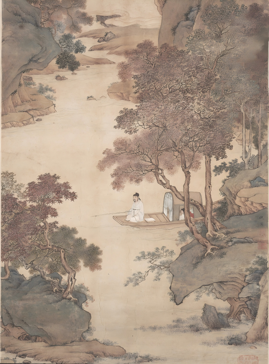 明·仇英《枫溪垂钓图轴》局部