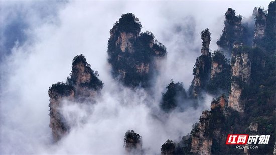 张家界国家森林公园天子山索道区域云雾缭绕