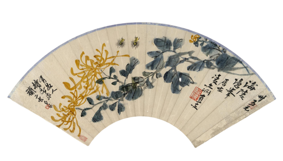 近代·凌文渊《菊花蜜蜂图扇页》