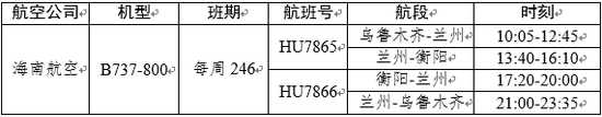 南岳机场“乌鲁木齐=兰州=衡阳”航线时刻表。