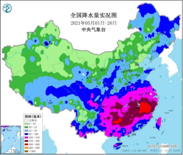 ▲全国降水量实况图（2021年5月1日—26日）。